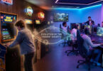 Un jeune joue sur une borne d'arcade Space Invaders tandis que des joueurs utilisent des PC dans une salle moderne.