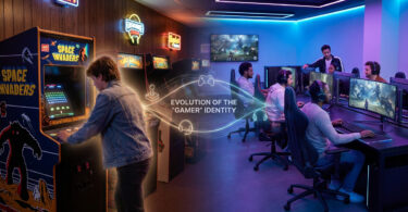 Un jeune joue sur une borne d'arcade Space Invaders tandis que des joueurs utilisent des PC dans une salle moderne.