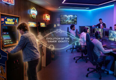 Un jeune joue sur une borne d'arcade Space Invaders tandis que des joueurs utilisent des PC dans une salle moderne.