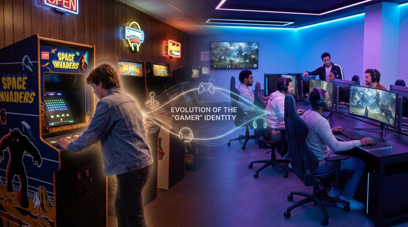 Un jeune joue sur une borne d'arcade Space Invaders tandis que des joueurs utilisent des PC dans une salle moderne.