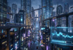 Vue futuriste d'une ville cyberpunk avec un graphique de performance affichant un chargement.