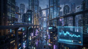 Vue futuriste d'une ville cyberpunk avec un graphique de performance affichant un chargement.