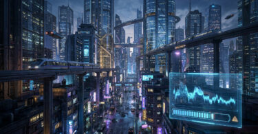 Vue futuriste d'une ville cyberpunk avec un graphique de performance affichant un chargement.