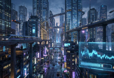 Vue futuriste d'une ville cyberpunk avec un graphique de performance affichant un chargement.