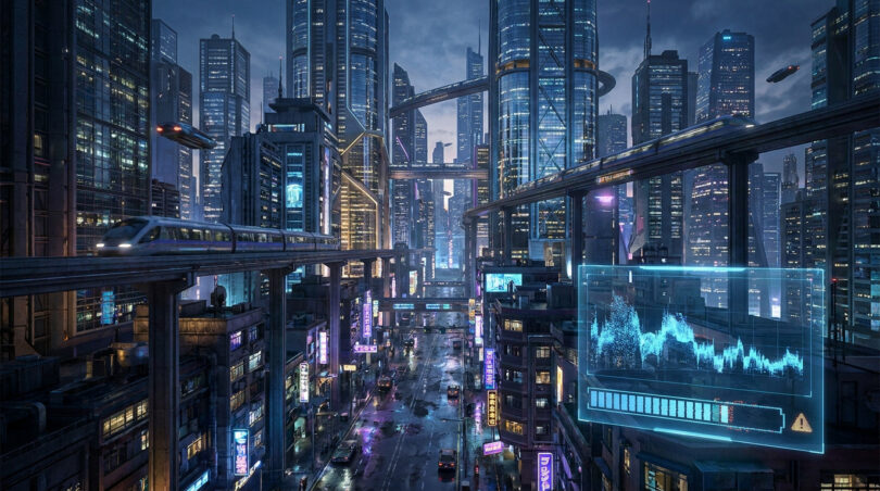 Vue futuriste d'une ville cyberpunk avec un graphique de performance affichant un chargement.