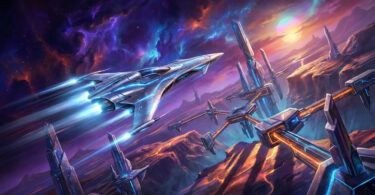 Un vaisseau spatial futuriste survole une cité extraterrestre technologique sous un ciel nébuleux et coloré.