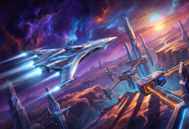 Un vaisseau spatial futuriste survole une cité extraterrestre technologique sous un ciel nébuleux et coloré.