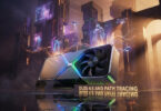 Carte graphique NVIDIA GeForce flottant dans une ville futuriste avec des effets de lumière et le texte DLSS 4.5.