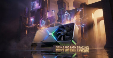 Carte graphique NVIDIA GeForce flottant dans une ville futuriste avec des effets de lumière et le texte DLSS 4.5.