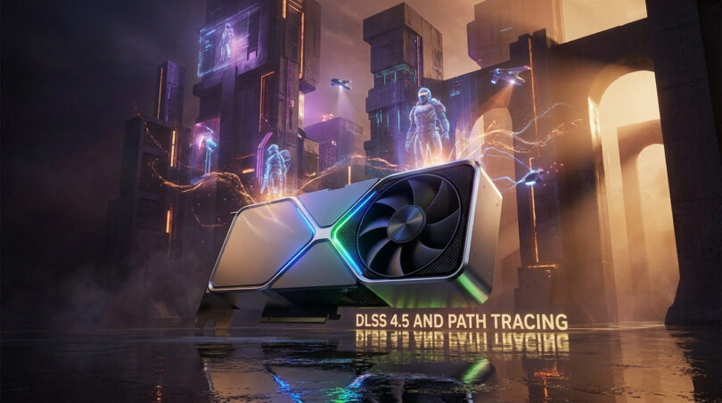 Carte graphique NVIDIA GeForce flottant dans une ville futuriste avec des effets de lumière et le texte DLSS 4.5.