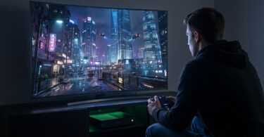 Un jeune homme joue à un jeu vidéo futuriste sur une console Xbox Series dans une pièce sombre.