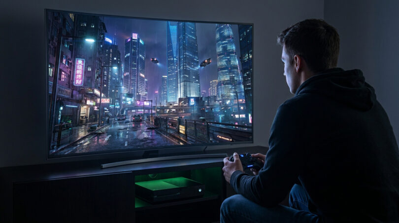 Un jeune homme joue à un jeu vidéo futuriste sur une console Xbox Series dans une pièce sombre.