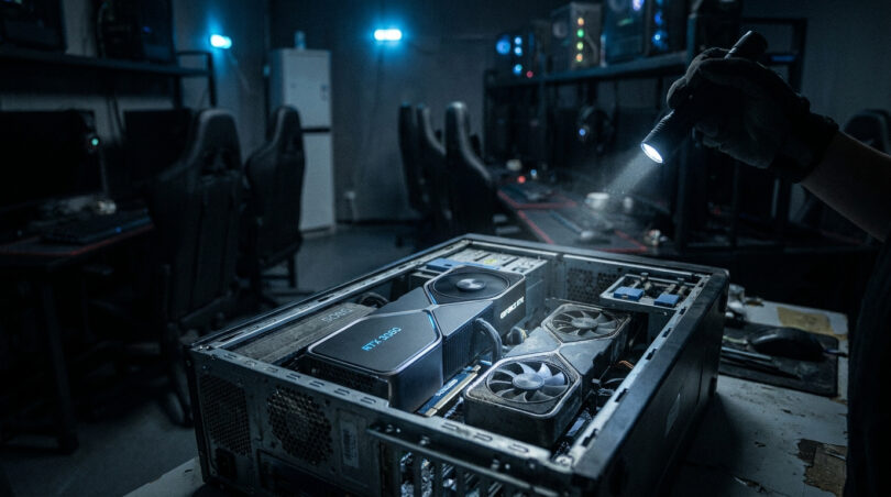 Main gantée éclairant l'intérieur d'un PC ouvert contenant une carte graphique RTX 5080 dans une salle sombre.