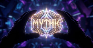 Mains gantées tenant un emblème lumineux avec le mot MYTHIC écrit en lettres dorées et runiques sur fond technologique.