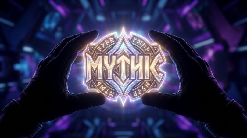 Mains gantées tenant un emblème lumineux avec le mot MYTHIC écrit en lettres dorées et runiques sur fond technologique.