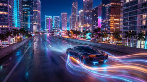 Une voiture de sport roulant sur une autoroute urbaine la nuit avec des traînées de lumière néon futuristes.
