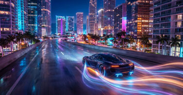 Une voiture de sport roulant sur une autoroute urbaine la nuit avec des traînées de lumière néon futuristes.