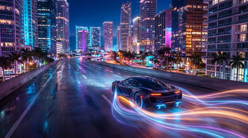 Une voiture de sport roulant sur une autoroute urbaine la nuit avec des traînées de lumière néon futuristes.