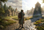 Un voyageur à capuche sur un chemin pavé, illustrant une comparaison entre des graphismes sombres et lumineux.