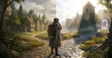 Un voyageur à capuche sur un chemin pavé, illustrant une comparaison entre des graphismes sombres et lumineux.