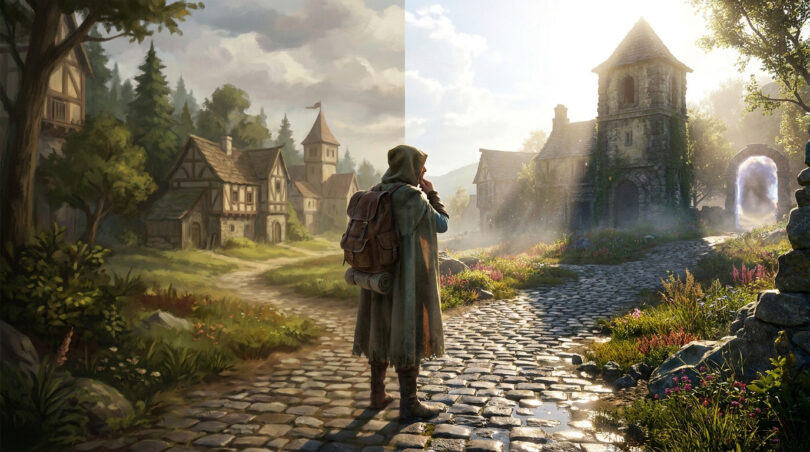 Un voyageur à capuche sur un chemin pavé, illustrant une comparaison entre des graphismes sombres et lumineux.