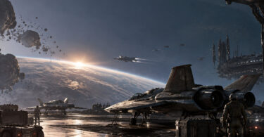 Vue d'un hangar spatial avec des chasseurs et une planète en arrière-plan, style science-fiction réaliste.