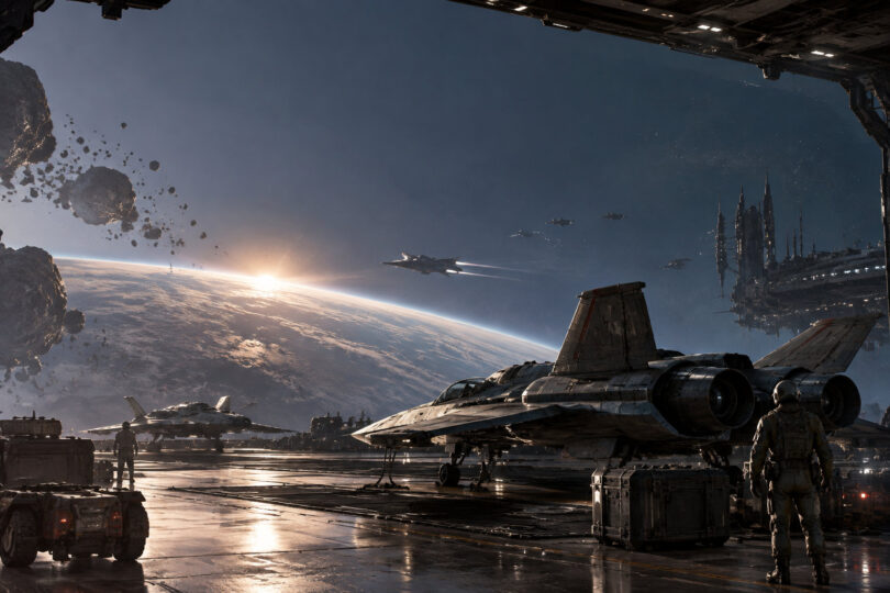 Vue d'un hangar spatial avec des chasseurs et une planète en arrière-plan, style science-fiction réaliste.
