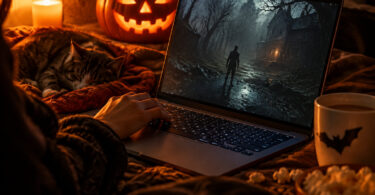 Personne utilisant un ordinateur portable pour jouer à un jeu d'horreur dans une ambiance chaleureuse d'Halloween.