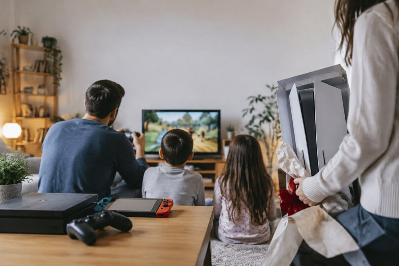 Une famille joue sur une console Switch tandis qu'une personne tient une PS5 en cadeau en arrière-plan.