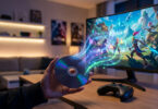 Main tenant un disque de jeu avec des données numériques lumineuses se transférant vers un écran affichant un jeu vidéo.