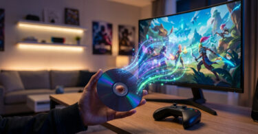 Main tenant un disque de jeu avec des données numériques lumineuses se transférant vers un écran affichant un jeu vidéo.